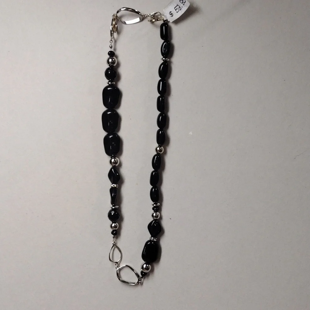 Black & Silver Beaded Long Statement Necklace – Modern Geometric Jewelry